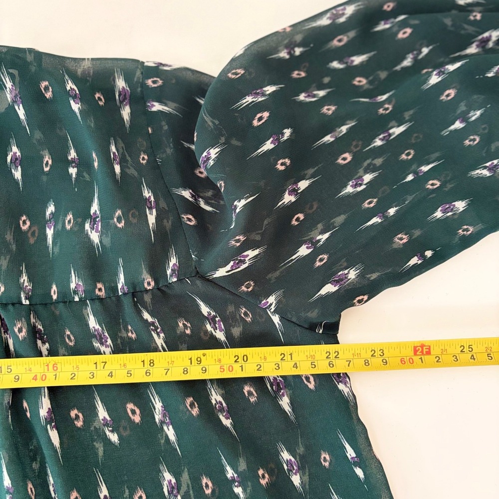 Snidel Dark Green Ikat Print Sheer Ruffle Velvet Tie Blouse Top Whimisgoth Boho - Picture 6 of 10